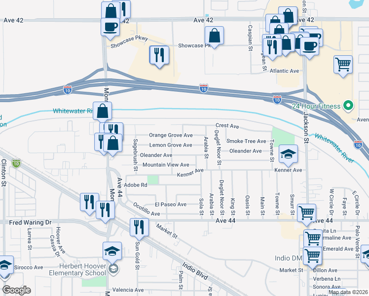 map of restaurants, bars, coffee shops, grocery stores, and more near 82356 Lemon Grove Avenue in Indio