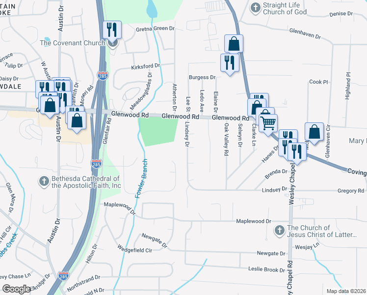 map of restaurants, bars, coffee shops, grocery stores, and more near 3985 Lindsey Drive in Decatur