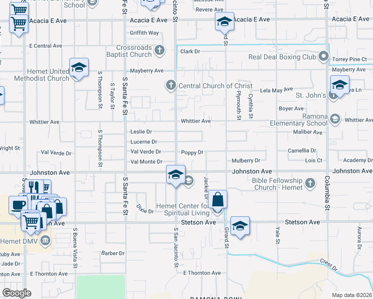 map of restaurants, bars, coffee shops, grocery stores, and more near 1327 Lucerne Drive in Hemet