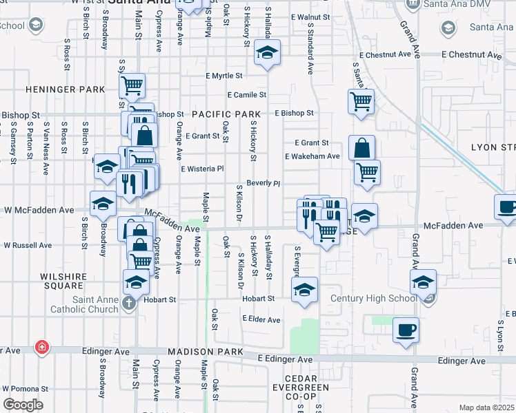 map of restaurants, bars, coffee shops, grocery stores, and more near 1103 South Hickory Street in Santa Ana