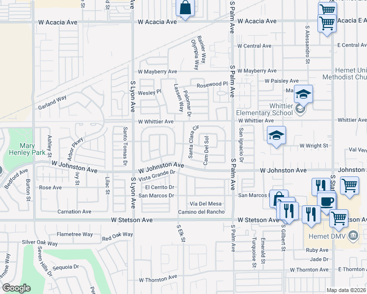 map of restaurants, bars, coffee shops, grocery stores, and more near South Elk Street in Hemet