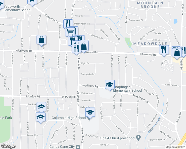 map of restaurants, bars, coffee shops, grocery stores, and more near 3433 Springlake Drive in Decatur