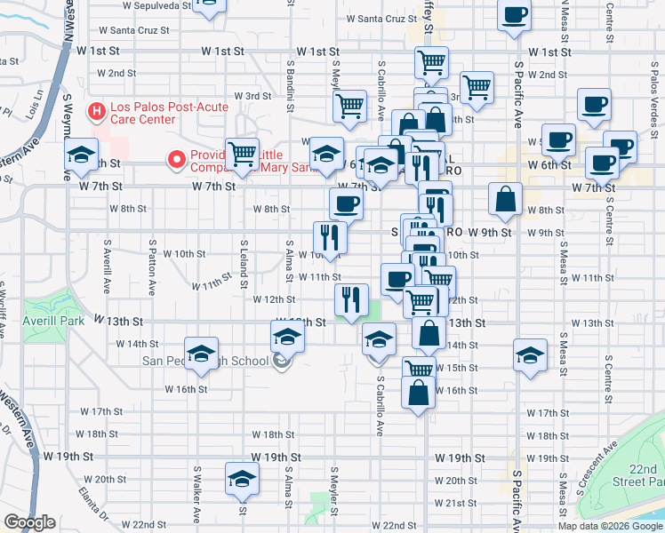 map of restaurants, bars, coffee shops, grocery stores, and more near 1021 South Meyler Street in Los Angeles