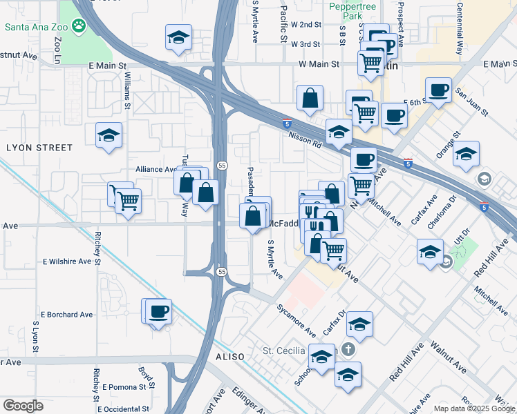 map of restaurants, bars, coffee shops, grocery stores, and more near 15711 South Myrtle Avenue in Tustin