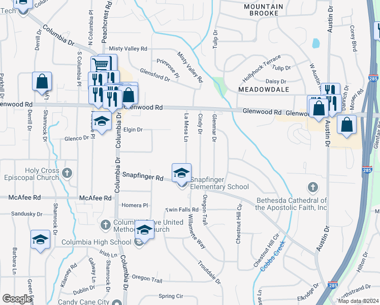 map of restaurants, bars, coffee shops, grocery stores, and more near 1914 La Mesa Lane in Decatur