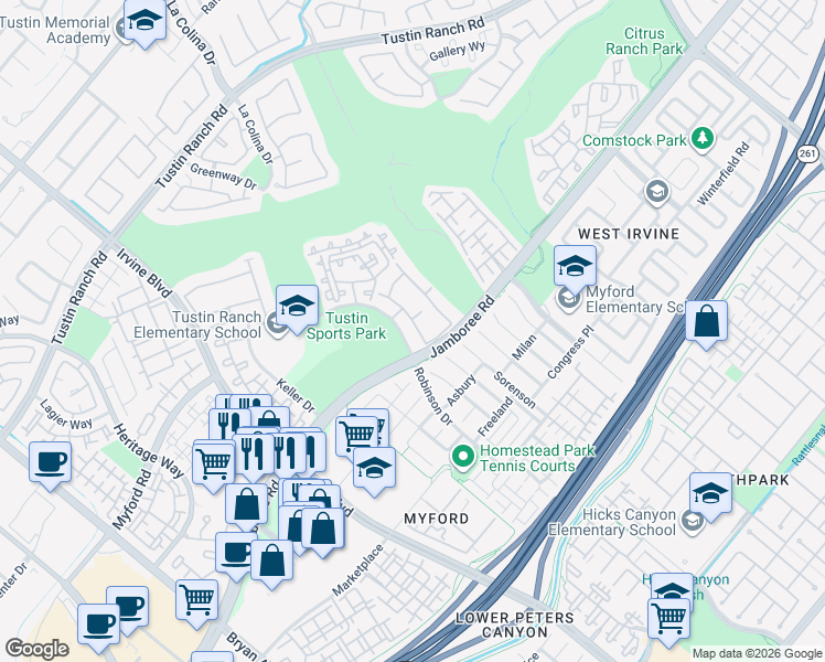 map of restaurants, bars, coffee shops, grocery stores, and more near 2932 Ballesteros Lane in Tustin