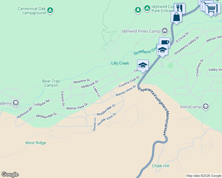 map of restaurants, bars, coffee shops, grocery stores, and more near 53505 Tollgate Road in Idyllwild-Pine Cove