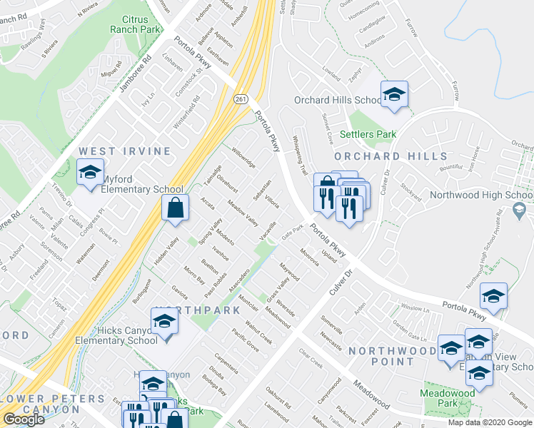 map of restaurants, bars, coffee shops, grocery stores, and more near 16 Oroville in Irvine