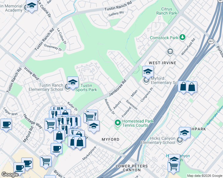 map of restaurants, bars, coffee shops, grocery stores, and more near 2948 Player Lane in Tustin