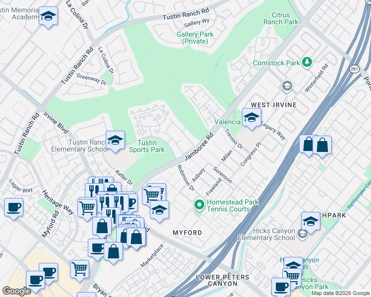map of restaurants, bars, coffee shops, grocery stores, and more near 2948 Player Lane in Tustin