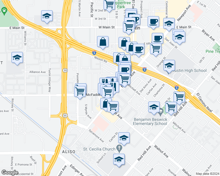 map of restaurants, bars, coffee shops, grocery stores, and more near 15682 South B Street in Tustin