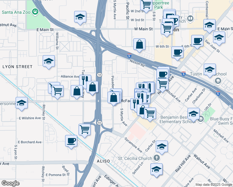 map of restaurants, bars, coffee shops, grocery stores, and more near 15711 South Myrtle Avenue in Tustin