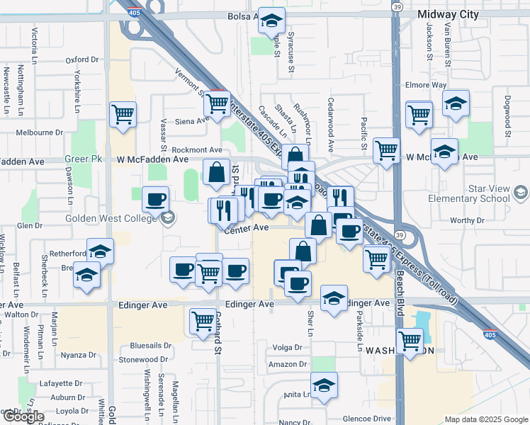 map of restaurants, bars, coffee shops, grocery stores, and more near 7561 Center Avenue in Huntington Beach