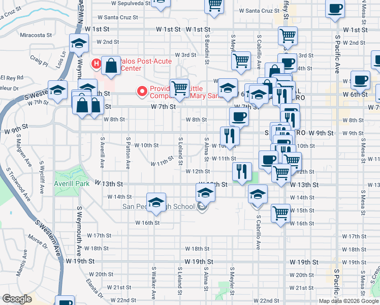 map of restaurants, bars, coffee shops, grocery stores, and more near 1073 West 10th Street in Los Angeles