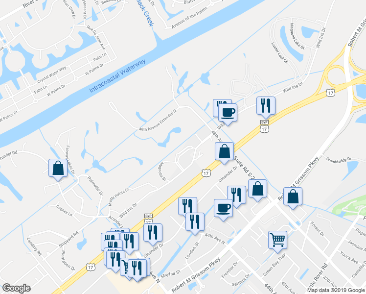 map of restaurants, bars, coffee shops, grocery stores, and more near 4767 Wild Iris Drive in Myrtle Beach