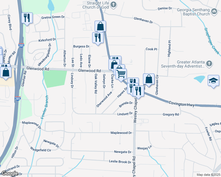 map of restaurants, bars, coffee shops, grocery stores, and more near 1901 Clarke Lane in Decatur
