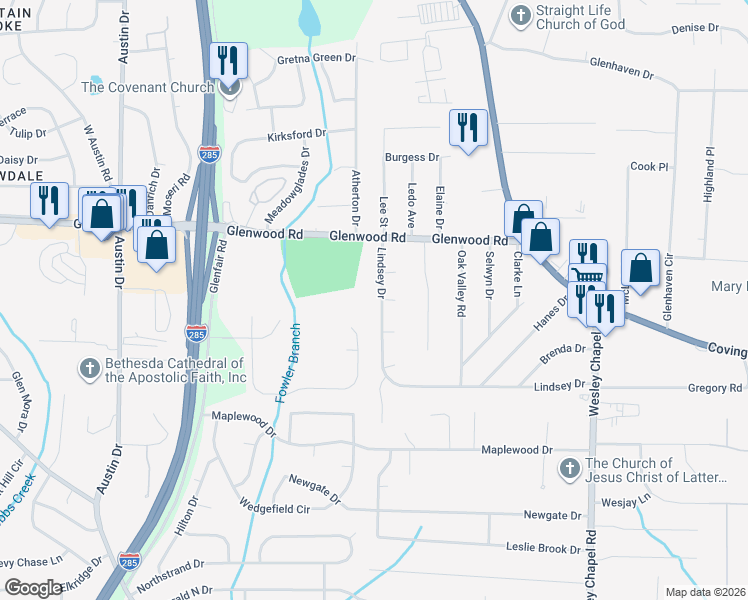 map of restaurants, bars, coffee shops, grocery stores, and more near 3985 Lindsey Drive in Decatur