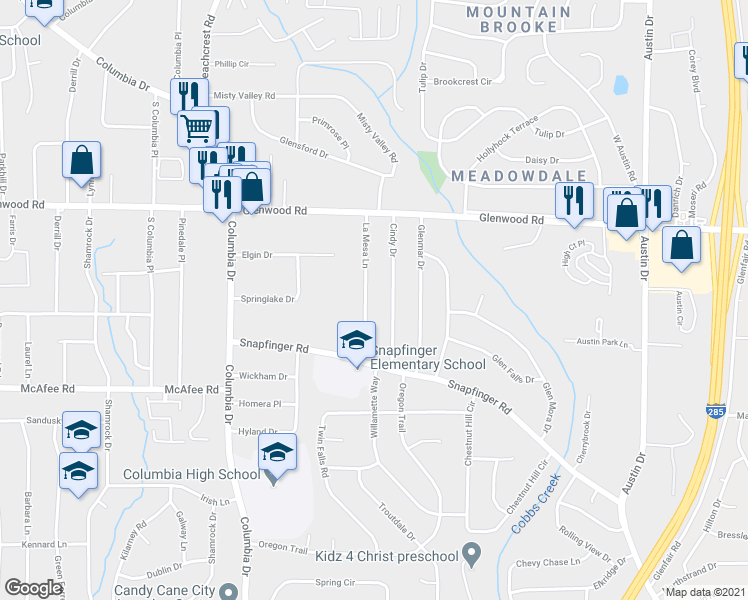 map of restaurants, bars, coffee shops, grocery stores, and more near 1914 La Mesa Lane in Decatur