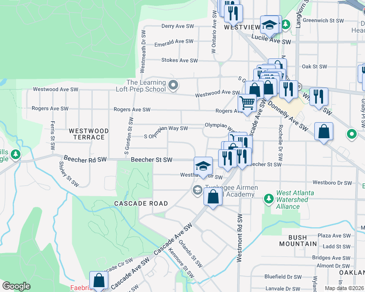 map of restaurants, bars, coffee shops, grocery stores, and more near 1670 Alvarado Terrace Southwest in Atlanta