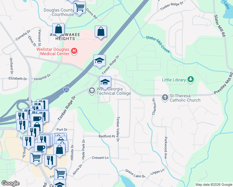 map of restaurants, bars, coffee shops, grocery stores, and more near 5855 Sloane Street in Douglasville