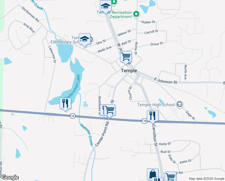 map of restaurants, bars, coffee shops, grocery stores, and more near 1903 Schoolhouse Lane in Temple