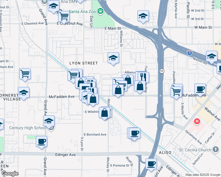 map of restaurants, bars, coffee shops, grocery stores, and more near 16331 McFadden Avenue in Tustin
