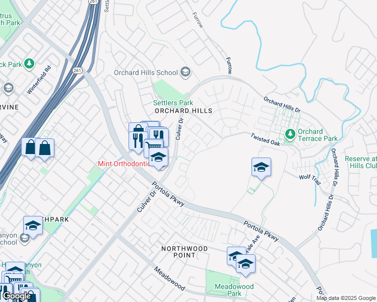 map of restaurants, bars, coffee shops, grocery stores, and more near 57 Outlaw in Irvine