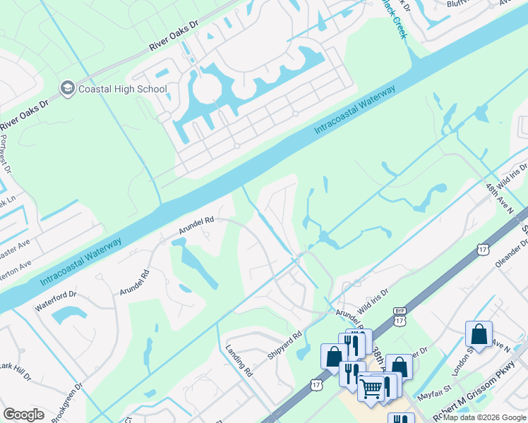 map of restaurants, bars, coffee shops, grocery stores, and more near 4080 Fairway Lakes Drive in Myrtle Beach