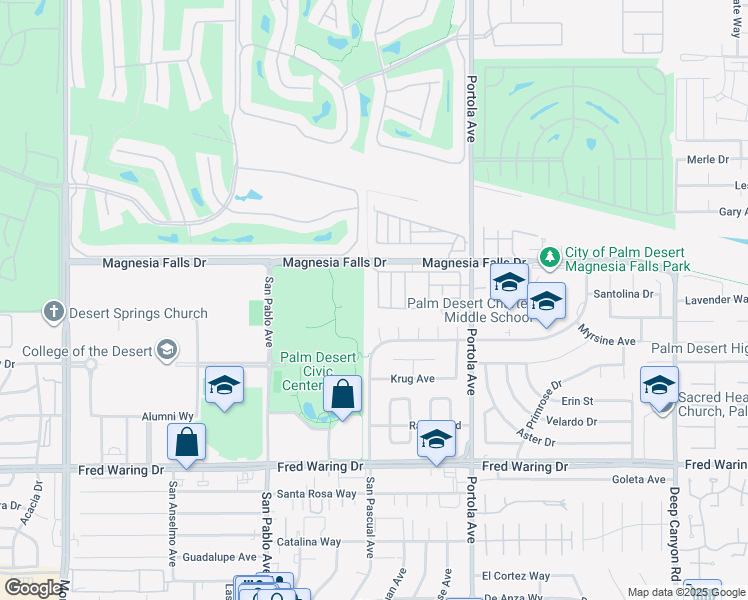 map of restaurants, bars, coffee shops, grocery stores, and more near 43155 Portola Avenue in Palm Desert