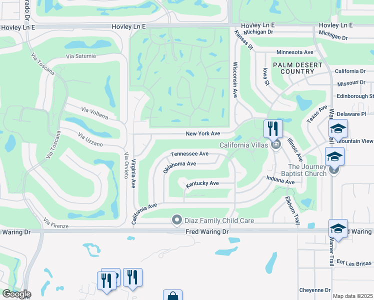 map of restaurants, bars, coffee shops, grocery stores, and more near 42880 Tennessee Avenue in Palm Desert