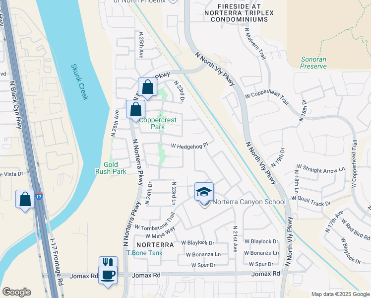 map of restaurants, bars, coffee shops, grocery stores, and more near 27513 North 23rd Drive in Phoenix