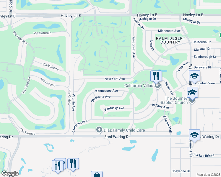 map of restaurants, bars, coffee shops, grocery stores, and more near 43020 Tennessee Avenue in Palm Desert