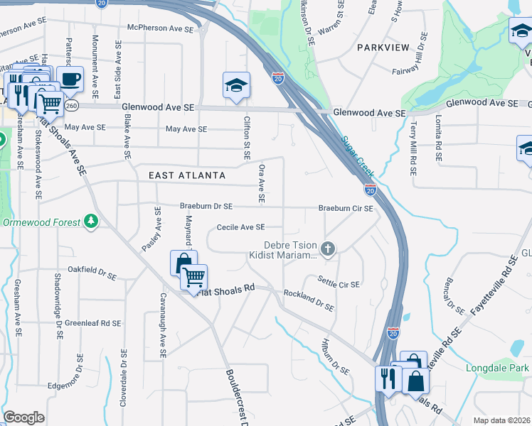map of restaurants, bars, coffee shops, grocery stores, and more near 1715 Braeburn Drive Southeast in Atlanta