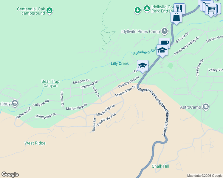 map of restaurants, bars, coffee shops, grocery stores, and more near 53505 Tollgate Road in Idyllwild-Pine Cove