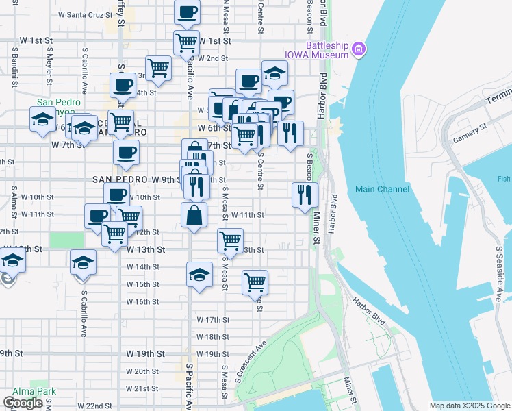 map of restaurants, bars, coffee shops, grocery stores, and more near 1017 South Centre Street in Los Angeles
