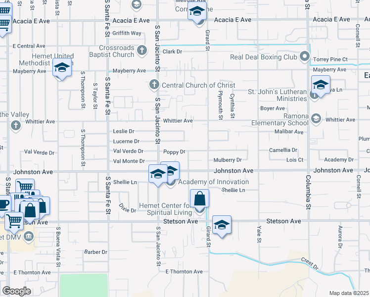map of restaurants, bars, coffee shops, grocery stores, and more near 40380 Poppy Drive in Hemet