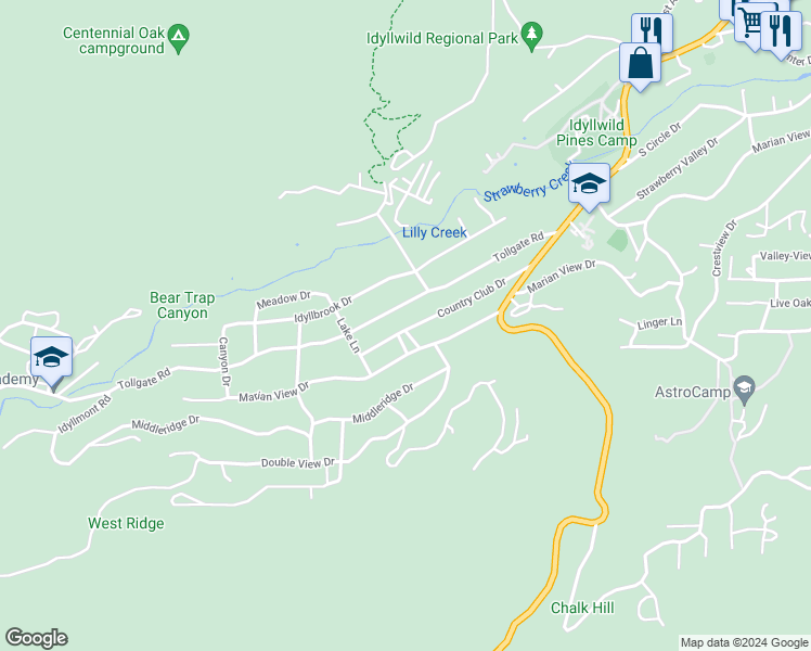 map of restaurants, bars, coffee shops, grocery stores, and more near 53520 Country Club Drive in Idyllwild-Pine Cove