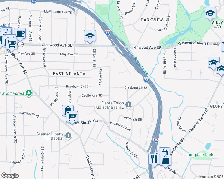 map of restaurants, bars, coffee shops, grocery stores, and more near 710 Clifton Road Southeast in Atlanta