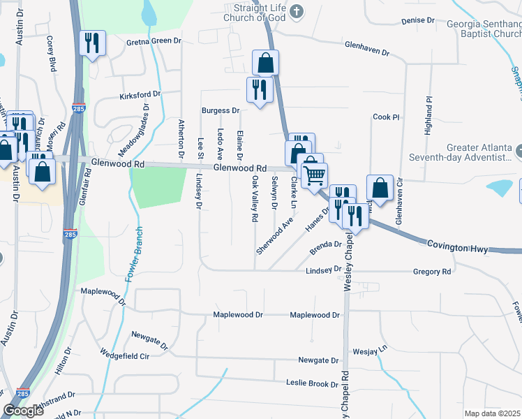 map of restaurants, bars, coffee shops, grocery stores, and more near 1906 Oak Valley Road in Decatur