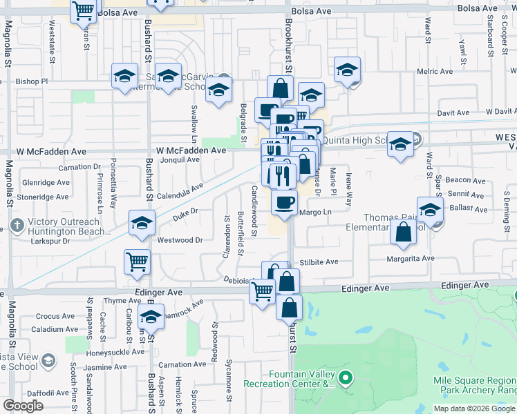 map of restaurants, bars, coffee shops, grocery stores, and more near 15691 Candlewood Street in Westminster
