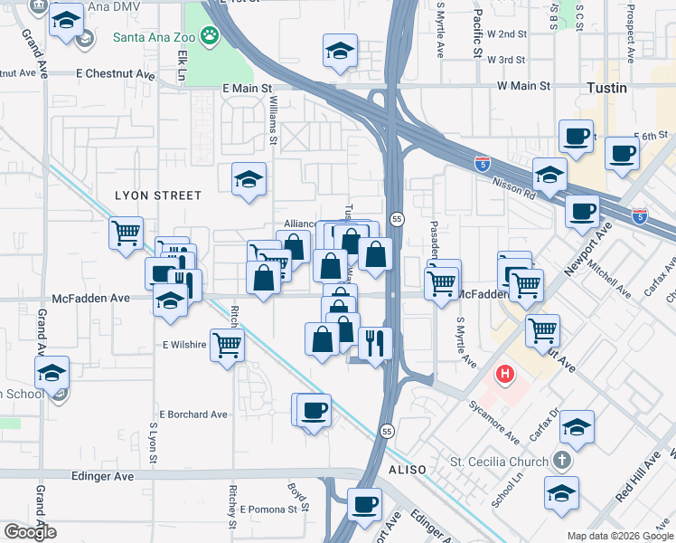 map of restaurants, bars, coffee shops, grocery stores, and more near 15761 Tustin Village Way in Tustin