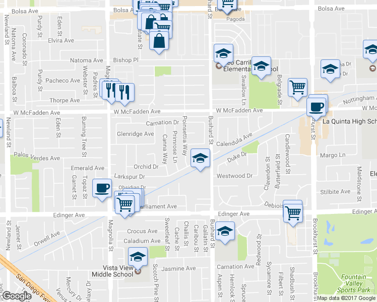 map of restaurants, bars, coffee shops, grocery stores, and more near 15710 Poinsettia Way in Westminster
