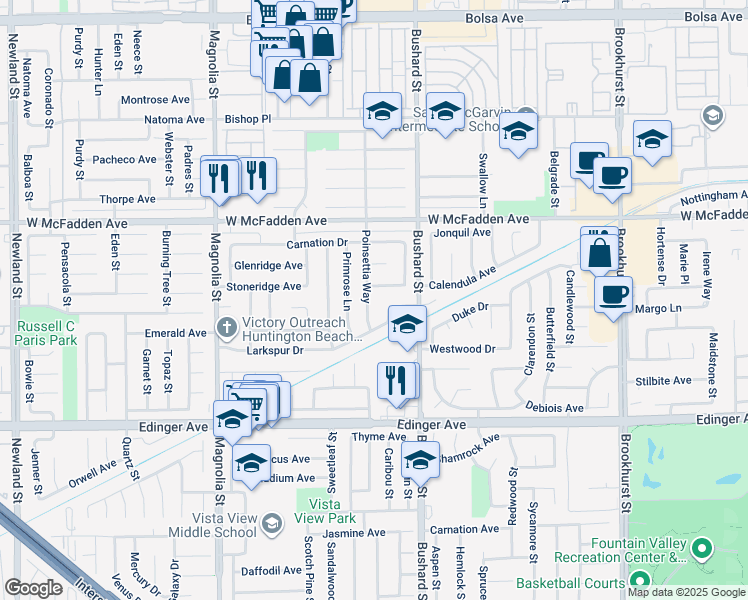 map of restaurants, bars, coffee shops, grocery stores, and more near 15710 Poinsettia Way in Westminster