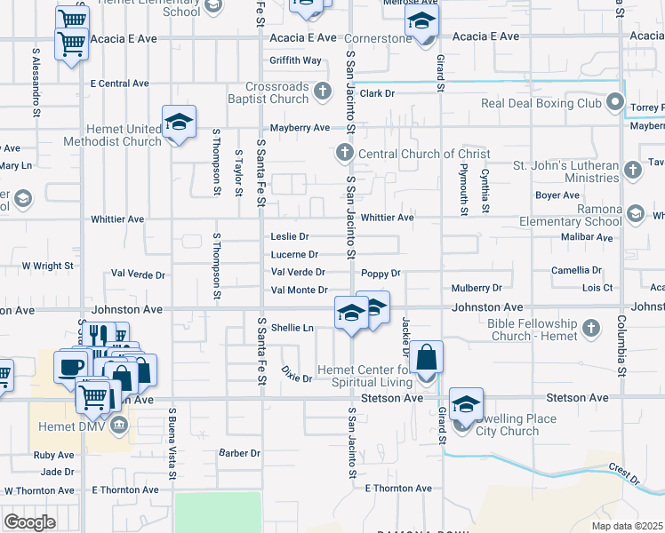 map of restaurants, bars, coffee shops, grocery stores, and more near 1226 Val Verde Drive in Hemet