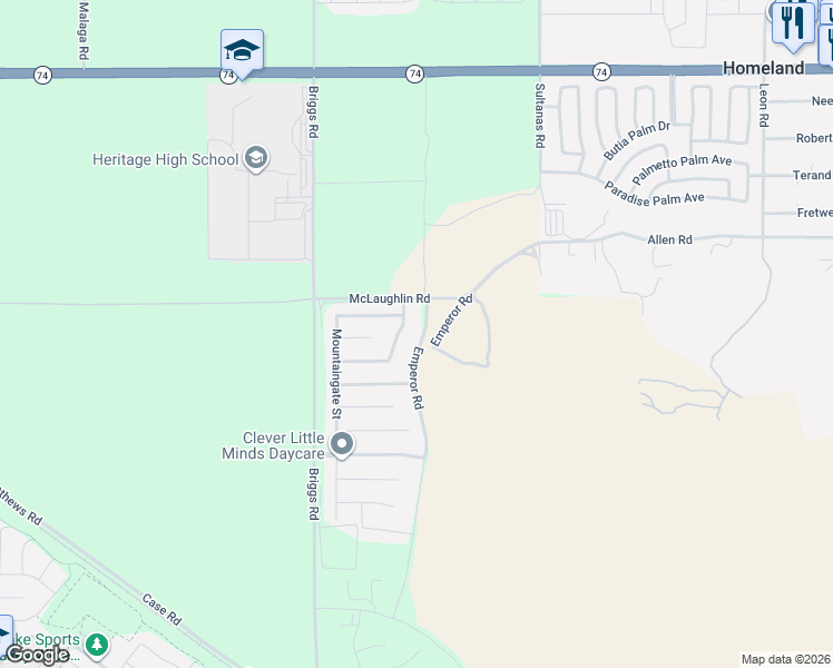 map of restaurants, bars, coffee shops, grocery stores, and more near 26565 Emperor Road in Riverside County
