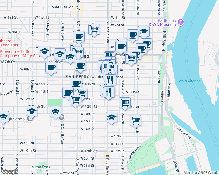 map of restaurants, bars, coffee shops, grocery stores, and more near 457 West 10th Street in Los Angeles