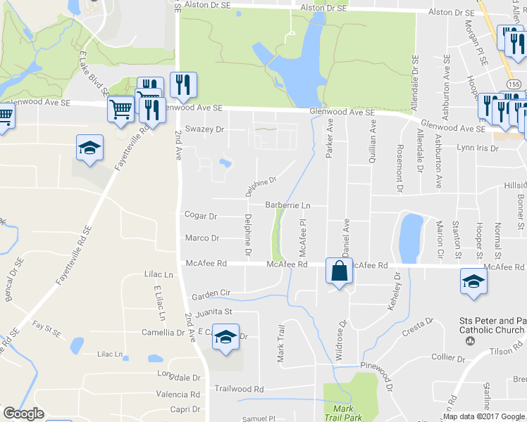 map of restaurants, bars, coffee shops, grocery stores, and more near 2033 Barberrie Lane in Decatur