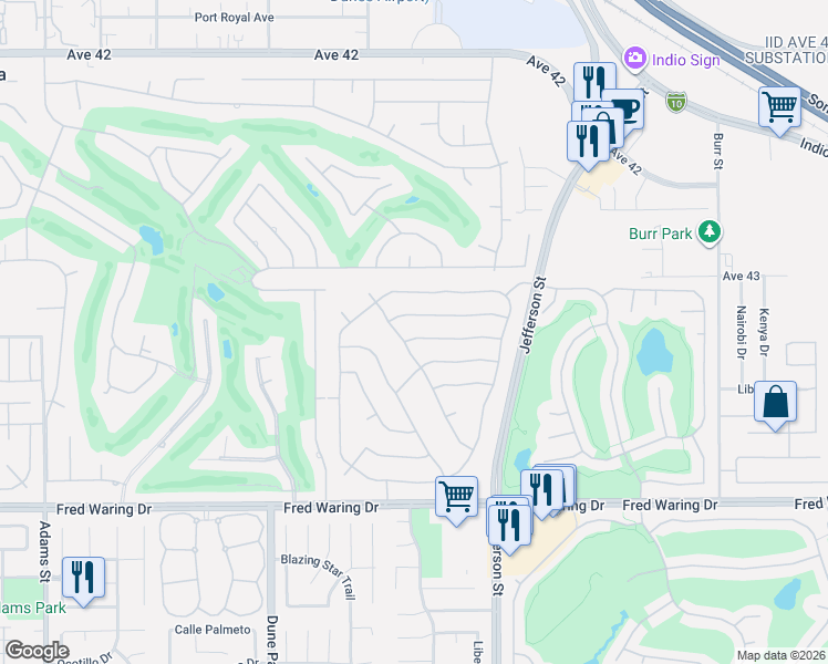 map of restaurants, bars, coffee shops, grocery stores, and more near 79715 Castille Drive in La Quinta