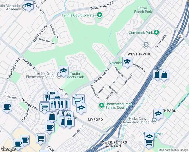 map of restaurants, bars, coffee shops, grocery stores, and more near 2948 Player Lane in Tustin