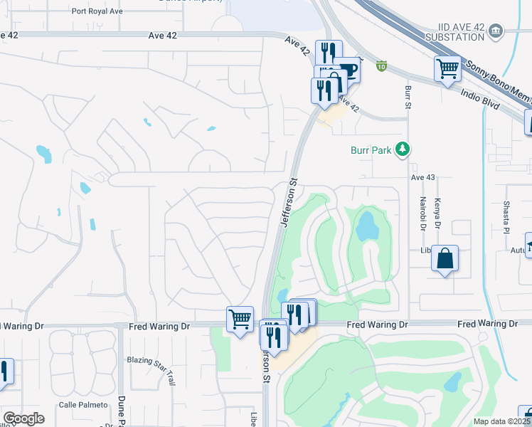 map of restaurants, bars, coffee shops, grocery stores, and more near 79962 Viento Drive in La Quinta